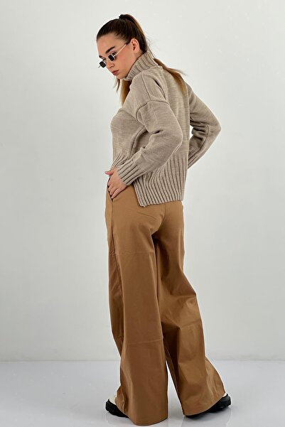 Miss Poem Women's Loose Stretchy High Waist Oversize Baggy Beige Pants
