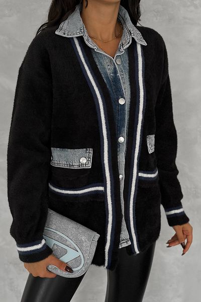 FEMELLE Cardigan premium oversize pentru femei, negru, mărime standard, cu buzunar cu nasturi și detaliu din denim