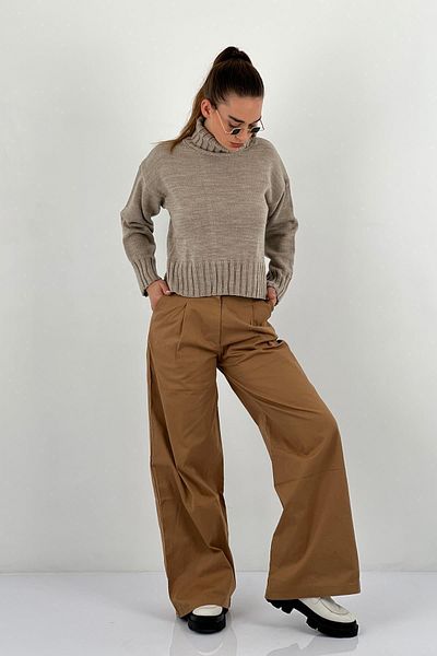 Miss Poem Women's Loose Stretchy High Waist Oversize Baggy Beige Pants