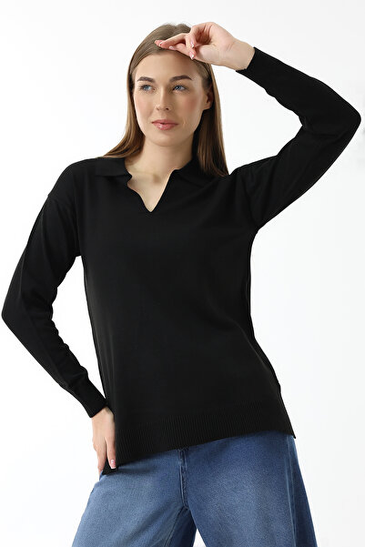 Devinka Γυναικεία μπλούζα με μακρυμάνικο πόλο εποχιακή πλεκτή μπλούζα μαύρη