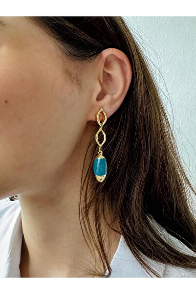 Retrobird Tasarım Pirinç Retro Model Küpe Kadın Petrol