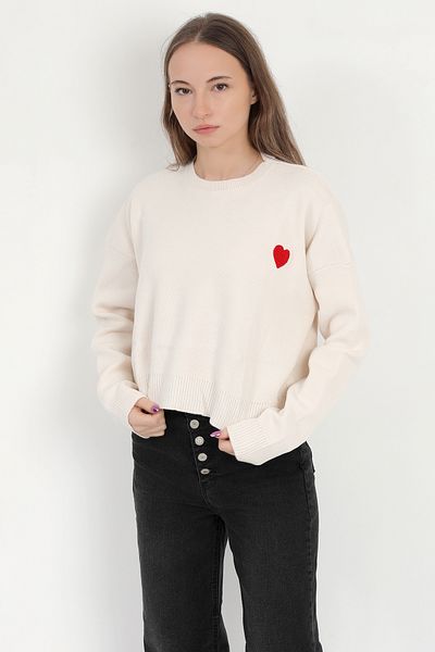 GİYSA Pulover pentru femei Crop crem - Aplicație de inimă, decolteu O cu nervuri, material acrilic - 3095