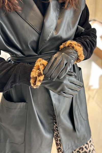 REMSA Women's Leather Gloves with Black Leopard Plush - Eld-27