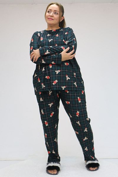 Eslina 47814 Large Size Micro Suede Long Sleeve Pajamas Set - Emerald with Teddy Bear