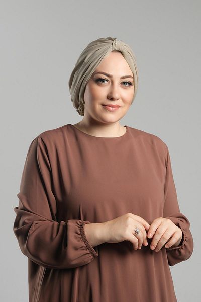 HÜRREM BONE Πρακτικό έτοιμο κουκούλα Hijab Σκούρο Μπεζ - Άμμο Πλισέ Casual 2121_44
