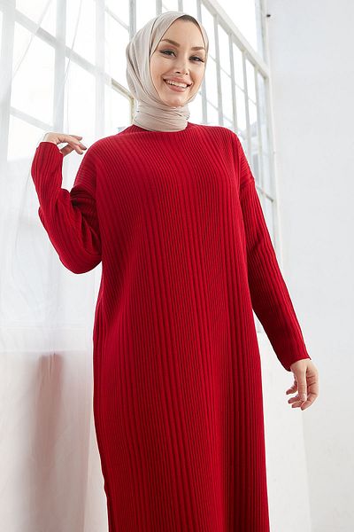 InStyle Μακρύ Πλεκτό Φόρεμα Arissa Turtleneck - Κόκκινο