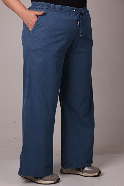 Eslina 29000-1 Büyük Beden Piti Kareli Bol Paça Kot Pantolon - Mavi
