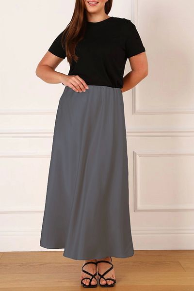 Lady Majestic Plus Size Elastic Zippered Satin Flared Long Skirt