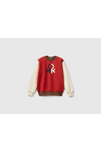 United Colors of Benetton Boy's Coral Mix Front Logo Printed Ribbed Sweatshirt