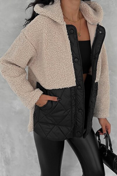 FEMELLE Women's Beige Snap Fastener Double Pocket Hooded Quilted Coat