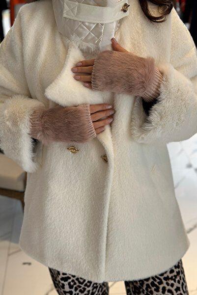 REMSA Peluş Detay Kadın Örme Kesik Eldiven ELD-30 Pudra