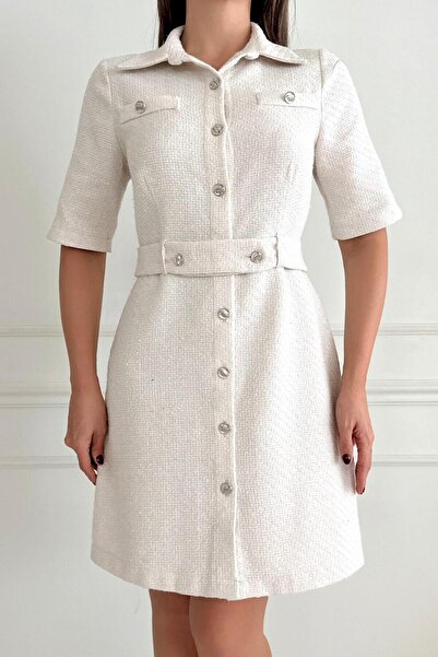 ZISHAN Şanel Kumaş Kemer Detaylı Önden Düğmeli Kadın Gömlek Elbise 025