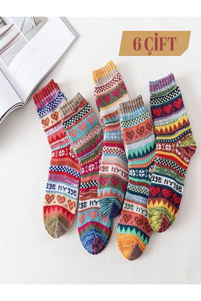 Sky Socks Σετ 6 χειμερινές χοντρές πλεκτές κάλτσες με πολύχρωμα σχέδια