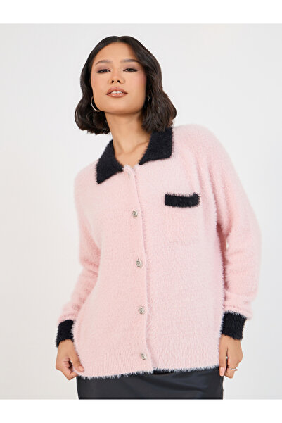 Styli Regular Fit Fuzzy Yarn Cardigan with Contrast Cuff