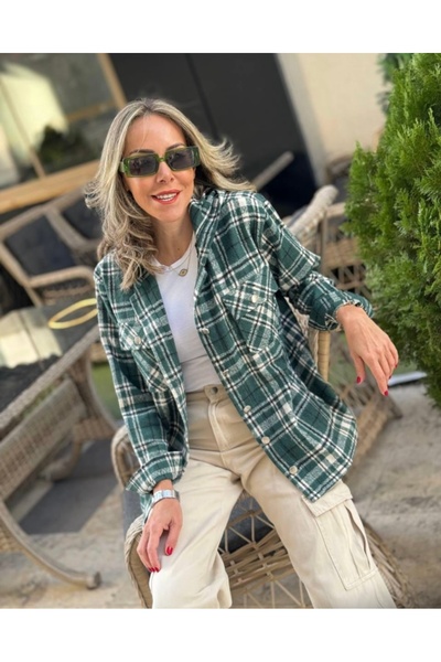 ÇİZGİ Kapüşonlu  yanlardan cepli yeşil oduncu gömlek