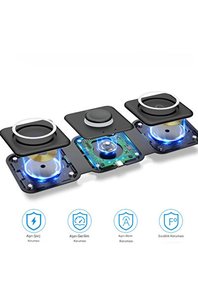 qasul 15W Katlanabilir Manyetik Şarj İstasyonu, Birden Fazla Kablosuz Hızlı Şarj Pedi Siyah