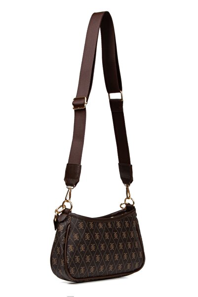 Newish Woman's Brown Vegan Leather Patterned Sleeve Cross Shoulder Bag