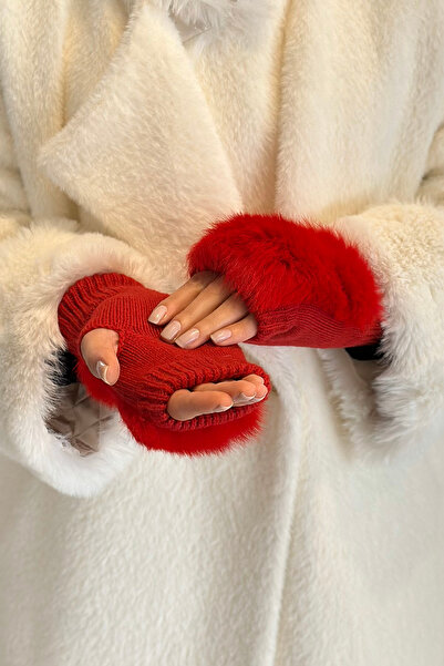 REMSA قفازات نسائية محبوكة باللون الأحمر - تفاصيل قطيفة، قطع ELD-30