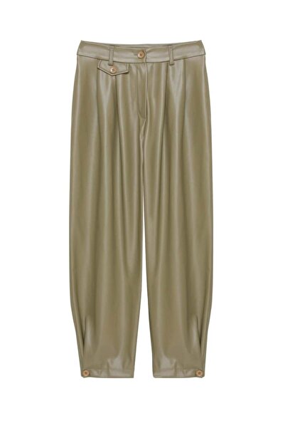 Quzu Pile Detaylı Deri Pantolon Siyah