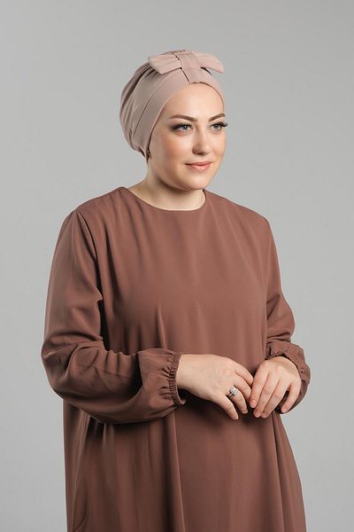 HÜRREM BONE Μπεζ διπλής όψης Πρακτικό έτοιμο κουμπωτό φιόγκο Bonnet Sandy - 3007B_12