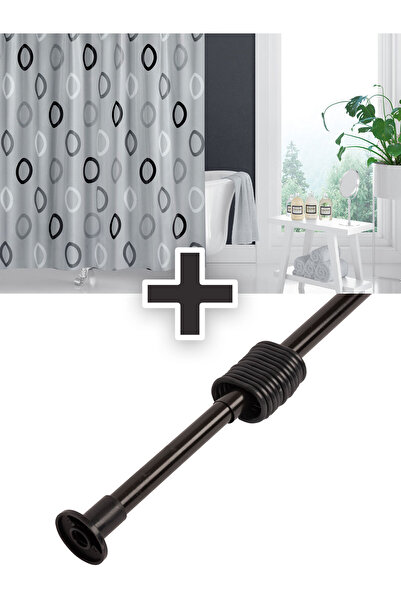 Tropikhome Polyester Kumaş Geometrik Desen Gri Banyo Perdesi Siyah Askı Aparatı Hediyeli C-halkalı Duş Perdesi