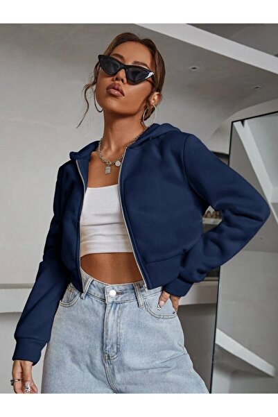 LOUİSA Kadın Lacivert Kapşonlu Fermuarlı Crop Hırka 2 İplik Şardonlu