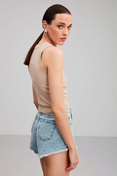 GRIMELANGE Janette Kadın Halter Yaka Düzensiz Fitilli Esnek Kumaşlı Vücudu Saran Bej Atlet