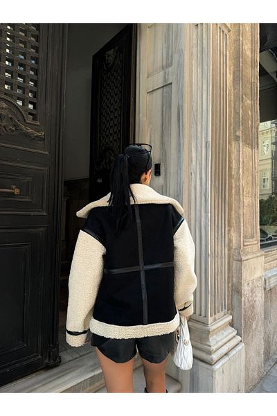 Le'amore Suede Sleeves Plush Biker Coat