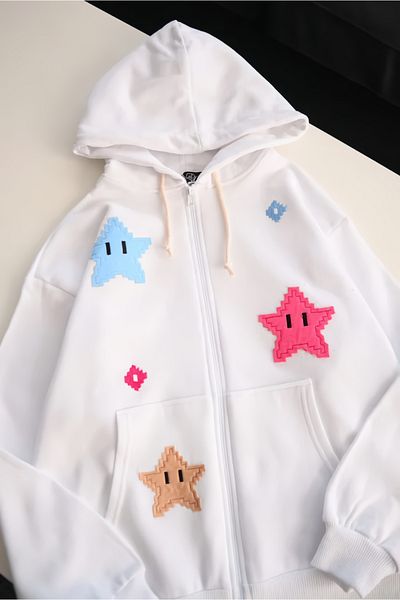 EFBUTİK White Smiling Stars Hooded Cardigan