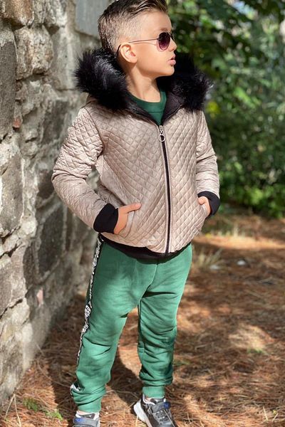 Riccotarz Boy's New Green Tracksuit with Fur Coat and Beret and Stripe Detail
