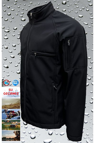 Polviton Softshell Fleece Inside Waterproof Jacket Windproof Winter Men's Coat Black