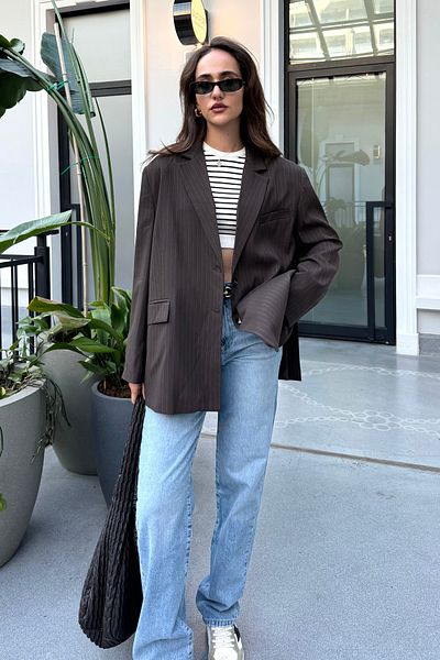 Nazliye Bitter Brown Striped Masculine Blazer Jacket