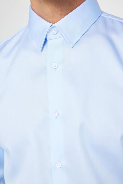 Tudors Slim Fit Mavi Non-Iron %100 Pamuk Doğa Dostu Ekoteks Belgeli Ütü Gerektirmez Gömlek