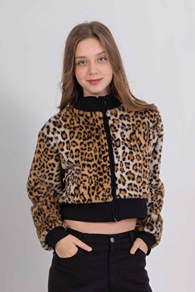 wakawakakidsstore Къс кардиган за момичета с леопардов шарен дизайн и цип