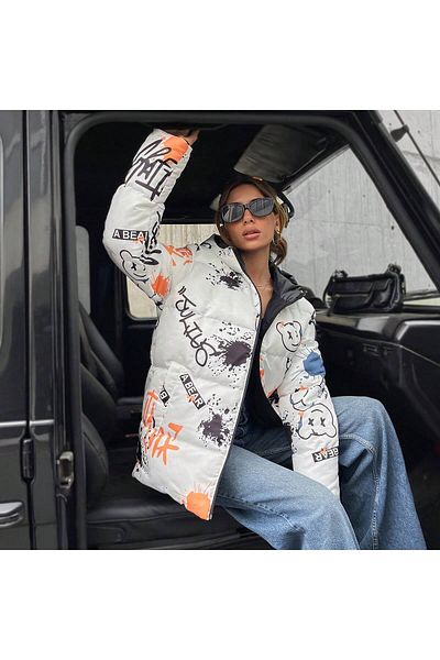 ÖNDER MODA Palton puf cu glugă cu model pentru damă