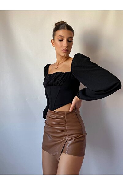 nikamoda İçi Kurklu Mini Deri Şort Etek