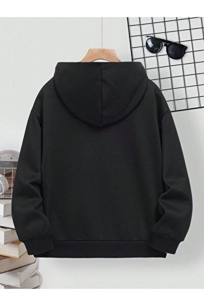 MORNİNG KİDS Girl's Black Hooded Zippered Raster Believe Change Printed Cardigan