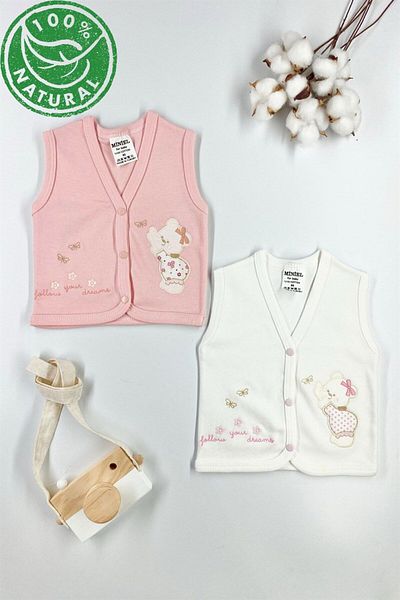 Miniel Baby Girl Teddy Bear Embroidered Organic Cotton 3-6-9 Months 2-Piece Combed Baby Vest - Salmon