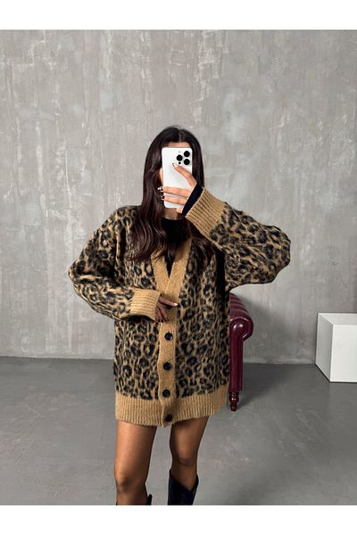 AURRARİ Cardigan de damă, negru maro, cu imprimeu leopard, cu barbă