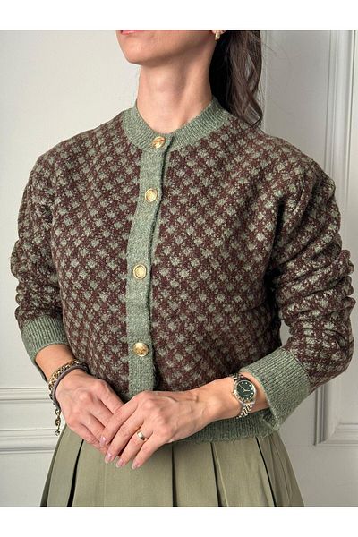 AURRARİ Women's Khaki Brown Crew Neck Gold Button Detailed Patterned Knitwear Cardigan