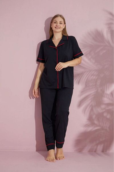 pijamacity طقم بيجامة نسائي أسود بأكمام قصيرة وأزرار مضلعة مقاس كبير