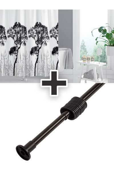 Tropikhome Polyester Kumaş Ağaç Desen Banyo Perdesi Siyah Askı Aparatı Hediye...