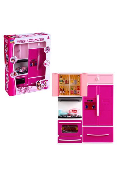 Doğan Oyuncak Dünyası طقم مطبخ مزدوج من My Happy Kitchen - لعبة مطبخ حديثة مع ضوء وصوت - ثلاجة، F