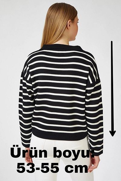 VB Steel Women's White Polo Neck Striped Knitwear Crop Sweater