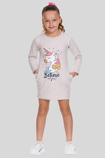 moona kids 3-8 Yaş Kız Çocuk Unicorn Sweat Elbise Bejmelanj