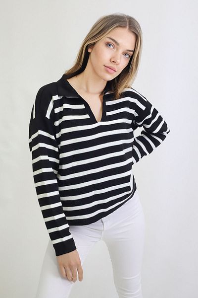 VB Steel Women's White Polo Neck Striped Knitwear Crop Sweater