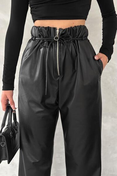 Deafox Fekete lánc részlet rugalmas derék zseb műbőr Palazzo nadrág