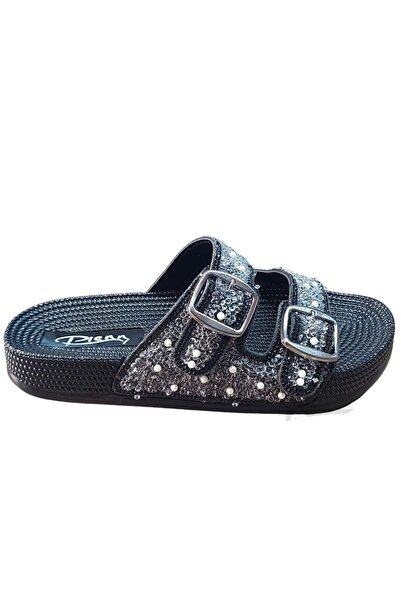 Pienn 20057 002 Papuci cu perle cu sclipici negre cu cataramă dublă