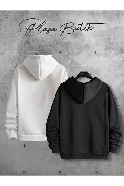 Plaza Butik Unisex Oversize Hooded Black and White Sweatshirt - 3 Thread (Advantage Pack)