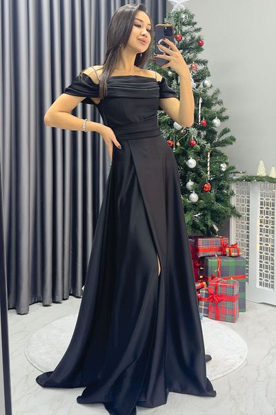 zks grup tekstil Rochie de seară din satin cu umăr dezactivat cu bretele de piatră pentru femei, neagră, bleumarin